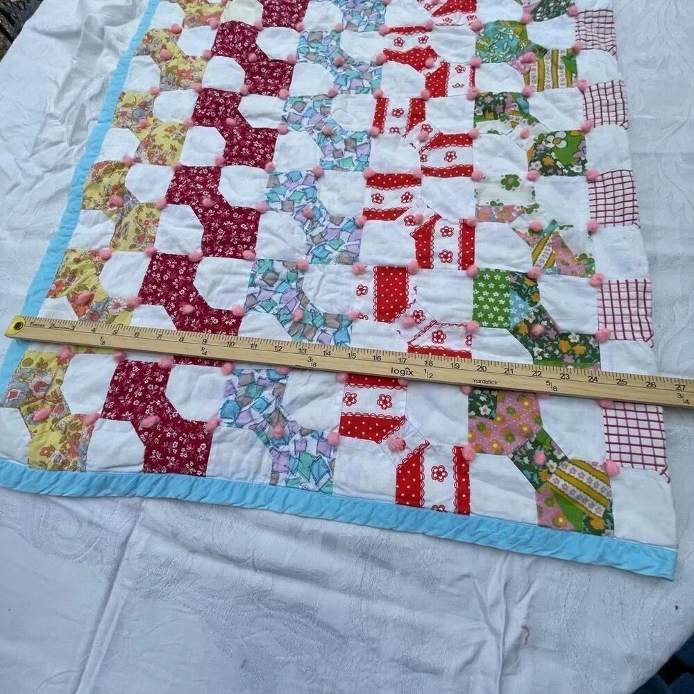 Vintage patchwork with Pom Pom baby blanket 35”X 52”